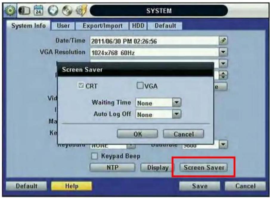 SYSTEM System Info User Export/Import HDD Default Date/Time 2011/06/30 PM 02:26:56 VGA Resolution 1024x768 60Hz Screen Saver CRT VGA Waiting Time None Auto Log Off None OK Cancel Keyboard NONE Bddurate 9000 Keypad Beep NTP Display Screen Saver Default Help Save Cancel