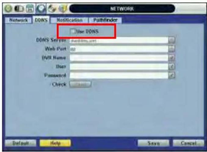 NETWORK Network DDNS Notification Pathfinder User DDNS DDNS Server :swdsm.com Web Port: 02 URL Name: Users: Password: Check Default Help Save Cancel