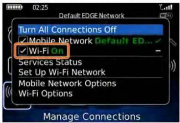02:25 Default EDGE Network Turn All Connections Off ✓ Mobile Network Default ED... ✓ Wi-Fi On Services Status Set Up Wi-Fi Network Mobile Network Options Wi-Fi Options Manage Connections
