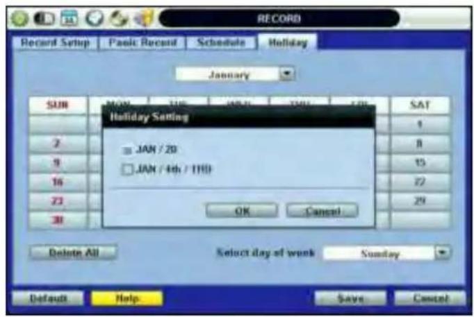 RECORD Record Setup Pasic Record Schedule Holiday January SUN MON THO JAN THO SAT Holiday Setting = JAN / 20 □ JAN / 4th / THD OK Cancel Delete All Select day of week Sunday Default Help Save Cancel