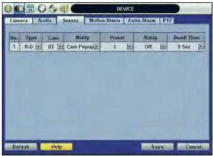 DEVICE Camera Audio Sensor Motion Alarm Extra Alarm PTZ No. Type Cam Notify Preset Retry Dwell Time 1 R.O 83 Cam Popup 1 Off 5 Sec Default Help Save Cancel