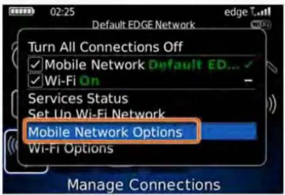 02:25 Default EDGE Network edge T... Turn All Connections Off ✓ Mobile Network Default ED... ✓ Wi-Fi On Services Status Set Up Wi-Fi Network Mobile Network Options Wi-Fi Options Manage Connections