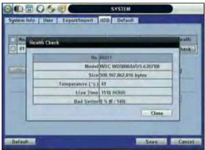 SYSTEM System info User Export/Import HDD Default No Health Check No 00101 Model WDC W05000AVDS 63U7EB Size 508,107,862,016 bytes Temperature (°C) 49 Live Time: 1516 HOUR Bad Settings: 5 % @ / 100% Close Default Save Cancel