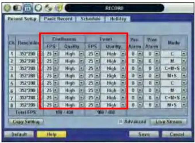 RECORD Record Setup Pasic Record Schedule Holiday Ch Resolution Continuous Event EPS Quality EPS Quality Pre Alarm Pose Alarm Mode 1 352°208 25 High 25 High 0 0 C 2 352°208 25 High 25 High 0 0 M 3 352°208 25 High 25 High 0 0 C+M+S 4 352°208 25 High 25 High 0 0 M+S 5 352°208 25 High 25 High 0 0 C 6 352°208 25 High 25 High 0 0 R 7 352°208 25 High 25 High 0 0 C+M+S 8 352°208 25 High 25 High 0 0 M+S Total EPS 100 / 400 100 / 400 Copy Setting Advanced Live Stream Default Help Save Cancel