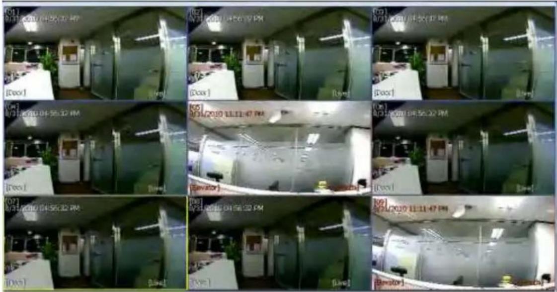 Grid of surveillance cameras showing room with door, elevator, and camera feeds at different times (07:00–11:47 PM) in a control room.