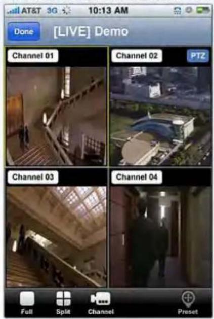 Done [LIVE] Demo Channel 01 Channel 02 PTZ Channel 03 Channel 04 Full Split Channel Preset