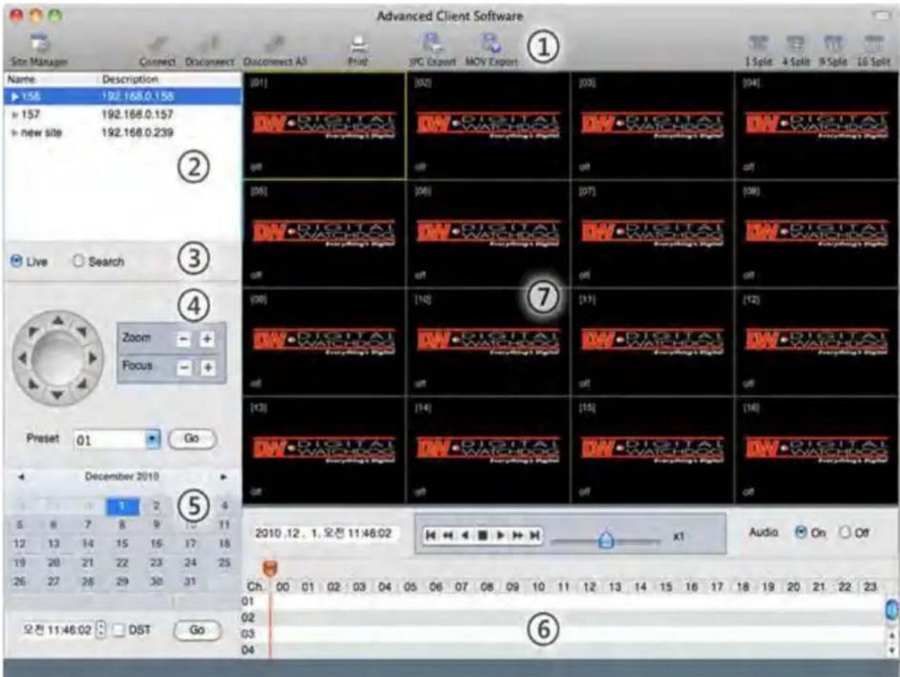 Advanced Client Software Site Manager Connect Disconnect Disconnect All Print JPG Export MOV Export Name Description 156 192.168.0.155 157 192.168.0.157 new site 192.168.0.239 ② Live Search ③ Zoom Focus ④ Preset 01 Go December 2010 ⑤ 5 8 7 8 9 10 11 12 13 14 15 16 17 18 19 20 21 22 23 24 25 26 27 28 29 30 31 [01] [02] [03] [04] DW DIGITAL WATCHDOG Everything's Digital off off off off off off off off off off off off off off off off off off off off off off off off off off off off off off off off off off off off off off off off off off off off off off off off off off Off: Audio On Off Ch: 00 01 02 03 04 05 06 07 08 09 10 11 12 13 14 15 16 17 18 19 20 21 22 23 01 02 03 04 05 06 07 08 09 10 11 12 13 14 15 16 17 18 19 20 21 22 23 03 04