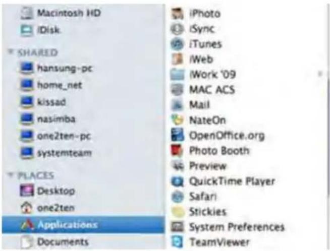 Macintosh HD iDisk. SHARED hansung-pc home_net kissad nasimba one2ten-pc systemteam PLACES Desktop one2ten Applications Documents iPhoto iSync iTunes iWeb iWork '09 MAC ACS Mail NateOn OpenOffice.org Photo Booth Preview QuickTime Player Safari Stickies System Preferences TeamViewer
