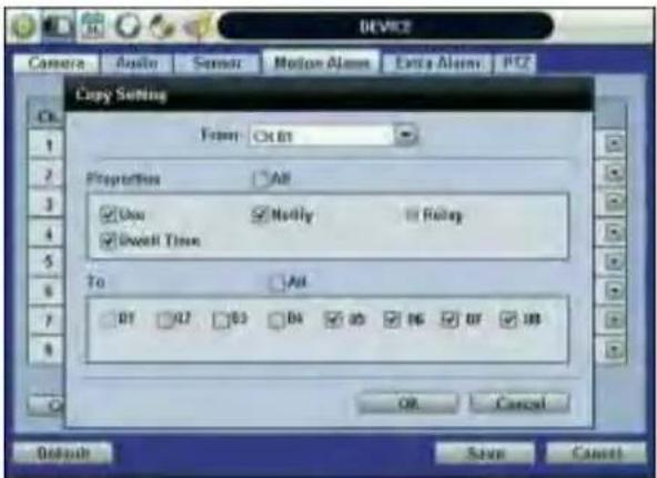 Device Camera Audio Sensor Motion Alarms Extra Alarms PCZ Copy Setting Form: Ctrl+1 Properties All Use Modify Rulep Overall Time To All 07 02 03 04 05 06 07 08 OK Cancel Default Save Cancel