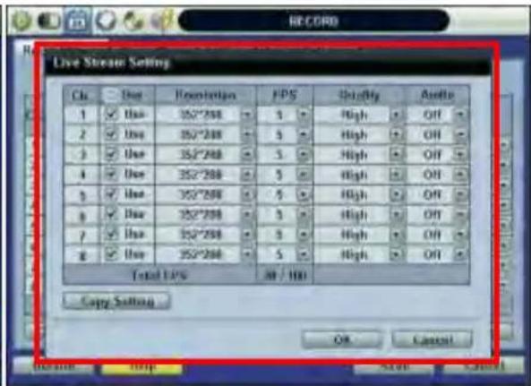 Live Stream Setting Class Run Frontation FPS Modify Apply 1 Use 352*288 3 High Off 2 Use 352*288 3 High Off 3 Use 352*288 3 High Off 4 Use 352*288 3 High Off 5 Use 352*288 3 High Off 6 Use 352*288 3 High Off 7 Use 352*288 3 High Off 8 Use 352*288 3 High Off Total EPS 30 / 100 Copy Setting OK Cancel