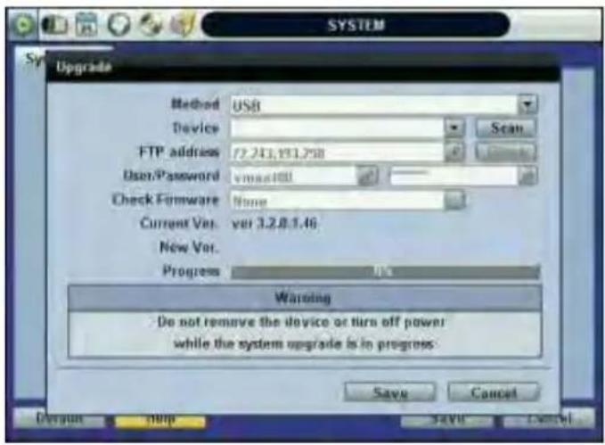 SYSTEM Sy Upgrade Method: USB Device Scan FTP address: 72.241,951.758 User:Password: vmax4001 Check Firmware: None Current Var: var 3.2.8.1.46 New Var. Progress: 8% Warning Do not remove the device or turn off power while the system upgrade is in progress: Save Cancel Debug Help SAVE Cancel
