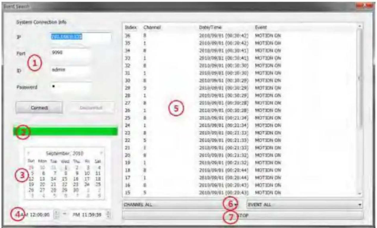 Event Search System Connection Info P 2010/09/01 1:30 Port 9090 ID admin Password Connect Documented September, 2010 Sun Mon Tue Wed Thu Fri Sat 24 30 31 4 7 8 9 10 11 5 6 7 8 9 10 11 12 13 14 15 16 17 18 19 20 21 22 23 24 25 26 27 28 29 30 31 32 3 4 AM 12:00:00 PM 11:59:39 Index Channel Date/Time Event 36 8 2010/09/01 [00:30:42] MOTION ON 35 1 2010/09/01 [00:30:42] MOTION ON 34 8 2010/09/01 [00:30:41] MOTION ON 33 1 2010/09/01 [00:30:41] MOTION ON 32 8 2010/09/01 [00:30:30] MOTION ON 31 1 2010/09/01 [00:30:30] MOTION ON 30 8 2010/09/01 [00:30:29] MOTION ON 29 5 2010/09/01 [00:30:29] MOTION ON 28 1 2010/09/01 [00:30:29] MOTION ON 27 8 2010/09/01 [00:30:28] MOTION ON 26 1 2010/09/01 [00:30:28] MOTION ON 25 8 2010/09/01 [00:21:34] MOTION ON 24 1 2010/09/01 [00:21:34] MOTION ON 23 8 2010/09/01 [00:21:33] MOTION ON 22 5 2010/09/01 [00:21:33] MOTION ON 21 1 2010/09/01 [00:21:33] MOTION ON 20 8 2010/09/01 [00:21:32] MOTION ON 19 1 2010/09/01 [00:21:32] MOTION ON 18 8 2010/09/01 [00:20:44] MOTION ON 17 1 2010/09/01 [00:20:44] MOTION ON 16 8 2010/09/01 [00:20:43] MOTION ON 15 5 2010/09/01 [00:20:43] MOTION ON CHANNEL ALL EVENT ALL STOP