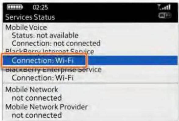 02:25 Services Status Mobile Voice Status: not available Connection: not connected BlackBerry Internet Service Connection: Wi-Fi BlackBerry Enterprise Service Connection: Wi-Fi Mobile Network not connected Mobile Network Provider not connected