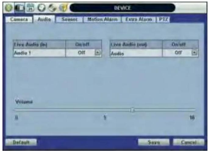 DEVICE Camera Audio Sensor Motion Alarm Extra Alarm PTZ Live Audio (in) On/off Live Audio (out) On/off Audio 1 Off Audio Off Volume 0 10 Default Save Cancel