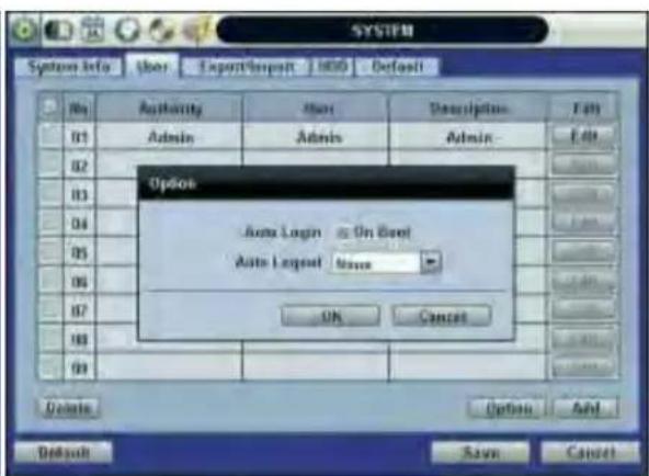 SYSTEM System Info User Export/Import HDD Default No Authority User Description Help 01 Admin Admin Admin Options Auto Login On Web Auto Logset None OK Cancel Delete Option Add Default Save Cancel