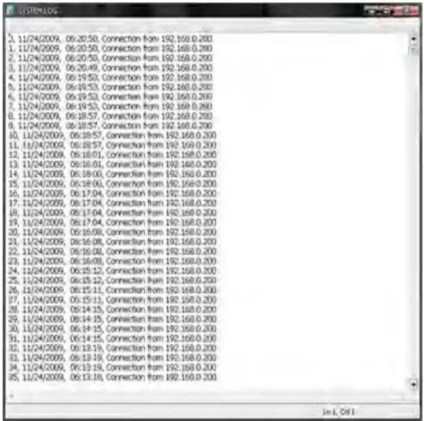 1, 11/24/2009, 06:20:50, Connection from 192.168.0.200 2, 11/24/2009, 06:20:50, Connection from 192.168.0.200 3, 11/24/2009, 06:20:49, Connection from 192.168.0.200 4, 11/24/2009, 06:19:53, Connection from 192.168.0.200 5, 11/24/2009, 06:19:53, Connection from 192.168.0.200 6, 11/24/2009, 06:19:53, Connection from 192.168.0.200 7, 11/24/2009, 06:19:53, Connection from 192.168.0.200 8, 11/24/2009, 06:18:57, Connection from 192.168.0.200 9, 11/24/2009, 06:18:57, Connection from 192.168.0.200 10, 11/24/2009, 06:18:57, Connection from 192.168.0.200 11, 11/24/2009, 06:18:57, Connection from 192.168.0.200 12, 11/24/2009, 06:18:57, Connection from 192.168.0.200 13, 11/24/2009, 06:18:57, Connection from 192.168.0.200 14, 11/24/2009, 06:18:57, Connection from 192.168.0.200 15, 11/24/2009, 06:18:57, Connection from 192.168.0.200 16, 11/24/2009, 06:17:54, Connection from 192.168.0.200 17, 11/24/2009, 06:17:54, Connection from 192.168.0.200 18, 11/24/2009, 06:17:54, Connection from 192.168.0.200 19, 11/24/2009, 06:17:54, Connection from 192.168.0.200 20, 11/24/2009, 06:17:54, Connection from 192.168.0.200 21, 11/24/2009, 06:17:54, Connection from 192.168.0.200 22, 11/24/2009, 06:17:54, Connection from 192.168.0.200 23, 11/24/2009, 06:17:54, Connection from 192.168.0.200 24, 11/24/2009, 06:17:54, Connection from 192.168.0.200 25, 11/24/2009, 06:17:54, Connection from 192.168.0.200 26, 11/24/2009, 06:17:54, Connection from 192.168.0.200 27, 11/24/2009, 06:17:54, Connection from 192.168.0.200 28, 11/24/2009, 06:17:54, Connection from 192.168.0.200 29, 11/24/2009, 06:17:54, Connection from 192.168.0.200 30, 11/24/2009, 06:17:54, Connection from 192.168.0.200 31, 11/24/2009, 06:17:54, Connection from 192.168.0.200 32, 11/24/2009, 06:17:54, Connection from 192.168.0.200 33, 11/24/2009, 06:17:54, Connection from 192.168.0.200 34, 11/24/2009, 06:17:54, Connection from 192.168.0.20