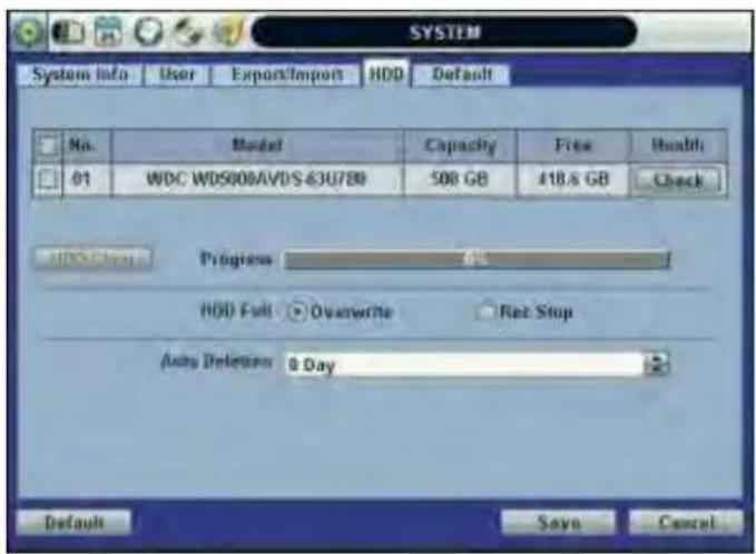 SYSTEM System info User Export/Import HDD Default No. Model Capacity Free Health 01 WDC WDS90BAVDS 63U780 500 GB £18.8 GB Check Progress HDD Full Oversewrite Ret Stop Auto Detention 8 Day Default Save Cancel