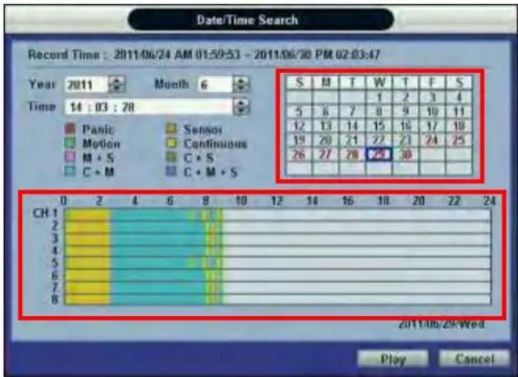 Date/Time Search Record Time : 2011/06/24 AM 01:59:53 - 2011/06/30 PM 02:03:47 Year 2011 Month 6 Time 14 : 03 : 28 Panic Sensori Motion Continuous M + S C + S C + M S S M T W T F S 1 2 3 4 5 6 7 8 9 10 11 12 13 14 15 16 17 18 19 20 21 22 23 24 25 26 27 28 29 30 CH 1 2 3 4 5 6 7 8 2011/06/29/Wed Play Cancel