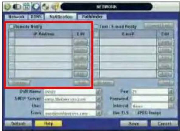 NETWORK Network DDNS Notification Pathfinder Remote Notify IP Address LMP Email CAM DVR Name 19453 SMTP Server comp.Sheltercom.com User: Form comp@netbev.com Port 23 Password Internet None Use TLS JPEG Image Default Help Save Cancel
