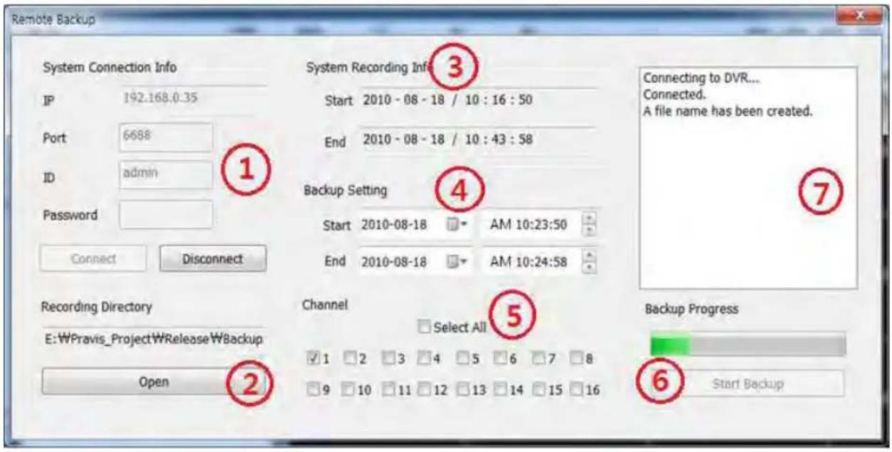 Remote Backup System Connection Info IP 192.168.0.35 Port 6688 ID admin Password Connect Disconnect Recording Directory E:\WPravis_Project\WRelease\WBackup Open System Recording Info Start 2010 - 08 - 18 / 10 : 16 : 50 End 2010 - 08 - 18 / 10 : 43 : 58 Backup Setting Start 2010-08-18 AM 10:23:50 End 2010-08-18 AM 10:24:58 Channel Select All ✓ 1 □ 2 □ 3 □ 4 □ 5 □ 6 □ 7 □ 8 □ 9 □ 10 □ 11 □ 12 □ 13 □ 14 □ 15 □ 16 Connecting to DVR... Connected. A file name has been created. 7 Backup Progress Start Backup