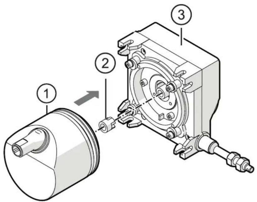 Technical diagram of a mechanical assembly with numbered components and directional arrow indicating motion or assembly.
