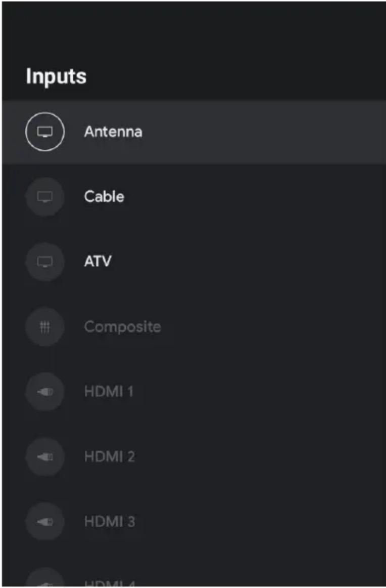 Inputs Antenna Cable ATV Composite HDMI 1 HDMI 2 HDMI 3 HDMI 4