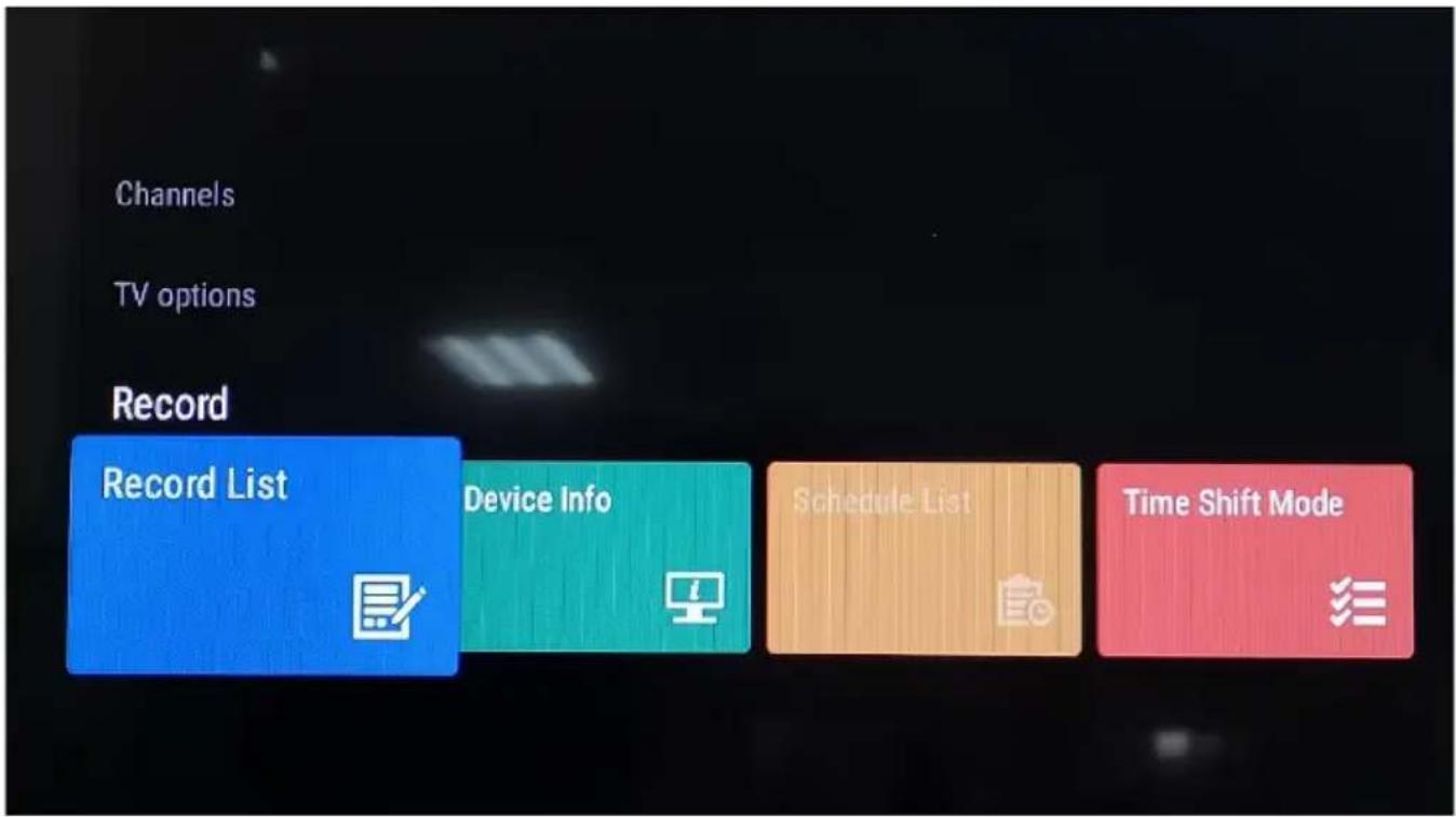 Channels TV options Record Record List Device Info Schedule List Time Shift Mode