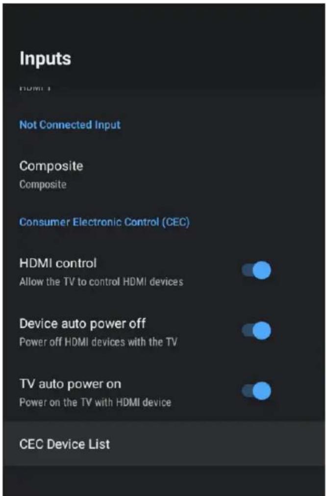Inputs HDMI 1 Not Connected Input Composite Composite Consumer Electronic Control (CEC) HDMI control Allow the TV to control HDMI devices Device auto power off Power off HDMI devices with the TV TV auto power on Power on the TV with HDMI device CEC Device List