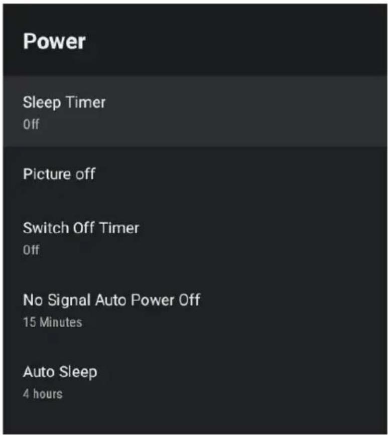 Power Sleep Timer Off Picture off Switch Off Timer Off No Signal Auto Power Off 15 Minutes Auto Sleep 4 hours