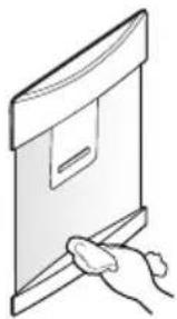 Line drawing of a hand holding a rectangular object with a label, no text or symbols present