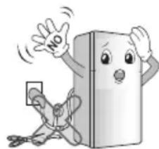 Cartoon illustration of a smiling refrigerator with a 'NO' sign, accompanied by a person holding a phone (no text or symbols on the refrigerator itself)