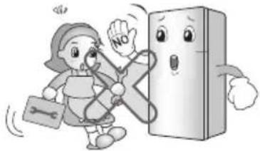 Cartoon illustration of a girl running away from a smiling refrigerator (no text or symbols)