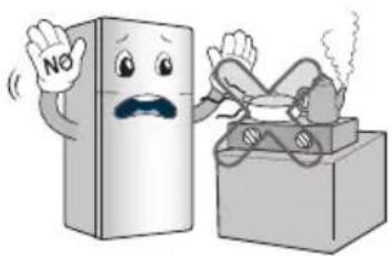 Cartoon illustration of a refrigerator with a distressed expression and a gift box with steam (no text or symbols)