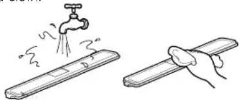 Illustration showing a faucet spraying water onto a surface and a hand holding a tool, both without any text or symbols.