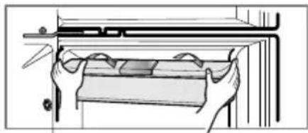 Illustration of hands installing or adjusting a rectangular object on a shelf (no text or symbols visible)