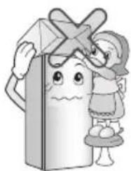 Cartoon illustration of a child holding a box with a cross mark, next to a smiling refrigerator (no text or symbols)