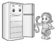 Illustration of a child standing beside a refrigerator with a smiling face (no text or symbols)