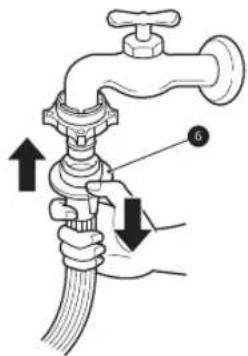 Diagram of a faucet with labeled parts and directional arrows indicating movement or force