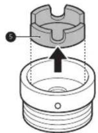 Technical diagram of a mechanical component with labeled parts and an arrow indicating direction