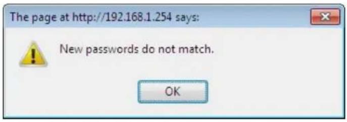 The page at http://192.168.1.254 says: New passwords do not match. OK