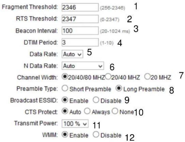 Fragment Threshold: 2346 (256-2346) 1 RTS Threshold: 2347 (0-2347) 2 Beacon Interval: 100 (20-1024 ms) 3 DTIM Period: 3 (1-10) 4 Data Rate: Auto 5 N Data Rate: Auto 6 Channel Width: ●20/40/80 MHZ ○20/40 MHZ ○20 MHZ 7 Preamble Type: ○ Short Preamble ● Long Preamble 8 Broadcast ESSID: ● Enable ○ Disable 9 CTS Protect: ● Auto ○ Always ○ None 10 Transmit Power: 100 % 11 WMM: ● Enable ○ Disable 12