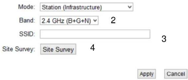 Mode: Station (Infrastructure) Band: 2.4 GHz (B+G+N) 2 SSID: Site Survey: Site Survey 4 Apply Cancel