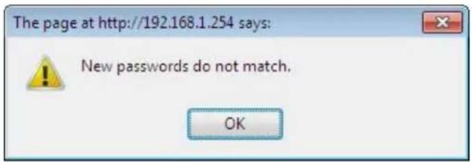 The page at http://192.168.1.254 says: New passwords do not match. OK