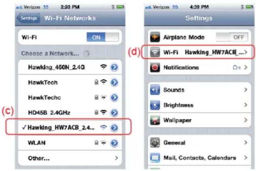 Wi-Fi Networks Wi-Fi ON Choose a Network... Hawking_450N_2.4G HawkTech HawkTechc HD45B 2.4GHz ✓ Hawking_HW7ACB_2.4... WLAN Other... Settings Airplane Mode OFF Wi-Fi Hawking_HW7ACB_...> Notifications On > Sounds > Brightness > Wallpaper > General > Mail, Contacts, Calendars >
