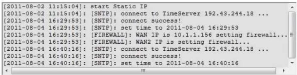 [2011-08-02 11:15:04]: start Static IP [2011-08-02 11:15:04]: [SNTP]: connect to TimeServer 192.43.244.18 ... [2011-08-04 16:29:53]: [SNTP]: connect success! [2011-08-04 16:29:53]: [SNTP]: set time to 2011-08-04 16:29:53 [2011-08-04 16:29:53]: [FIREWALL]: WAN IP is 10.1.1.156 setting firewall... [2011-08-04 16:29:53]: [FIREWALL]: WAN2 IP is setting firewall... [2011-08-04 16:40:16]: [SNTP]: connect to TimeServer 192.43.244.18 ... [2011-08-04 16:40:16]: [SNTP]: connect success! [2011-08-04 16:40:16]: [SNTP]: set time to 2011-08-04 16:40:16
