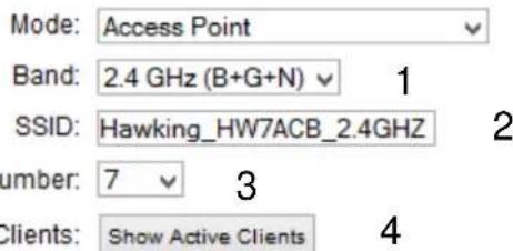 Mode: Access Point Band: 2.4 GHz (B+G+N) 1 SSID: Hawking_HW7ACB_2.4GHz Number: 7 3 Clients: Show Active Clients 4