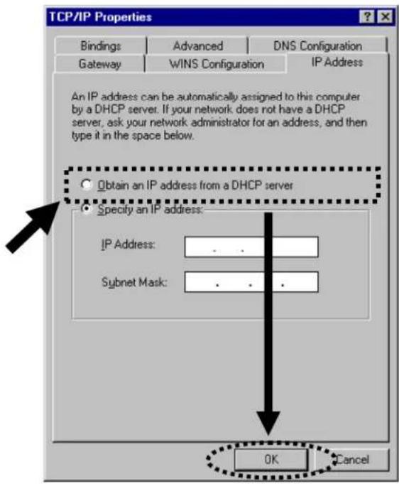 TCP/IP Properties Bindings Advanced DNS Configuration Gateway WINS Configuration IP Address An IP address can be automatically assigned to this computer by a DHCP server. If your network does not have a DHCP server, ask your network administrator for an address, and then type it in the space below. Obtain an IP address from a DHCP server Specify an IP address: IP Address: .. Subnet Mask: .. OK Cancel