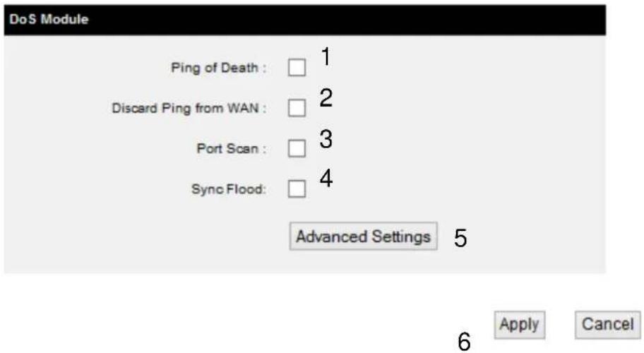 DoS Module Ping of Death : 1 Discard Ping from WAN : 2 Port Scan : 3 Sync Flood: 4 Advanced Settings 5 Apply Cancel