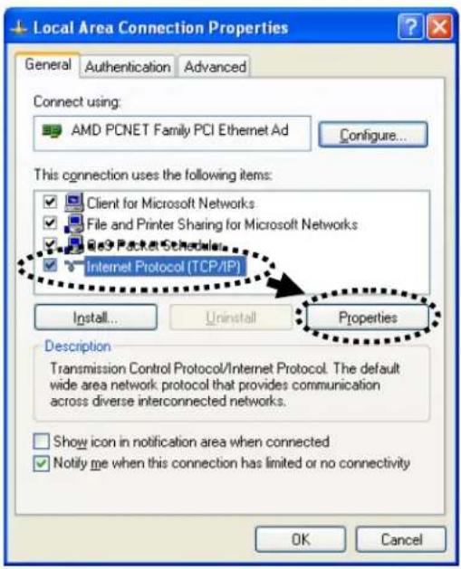 Local Area Connection Properties General Authentication Advanced Connect using: AMD PCNET Family PCI Ethernet Ad Configure... This connection uses the following items: Client for Microsoft Networks File and Printer Sharing for Microsoft Networks Packet Schedule Internet Protocol (TCP/IP) Install... Uninstall Properties Description Transmission Control Protocol/Internet Protocol. The default wide area network protocol that provides communication across diverse interconnected networks. Show icon in notification area when connected Notify me when this connection has limited or no connectivity OK Cancel