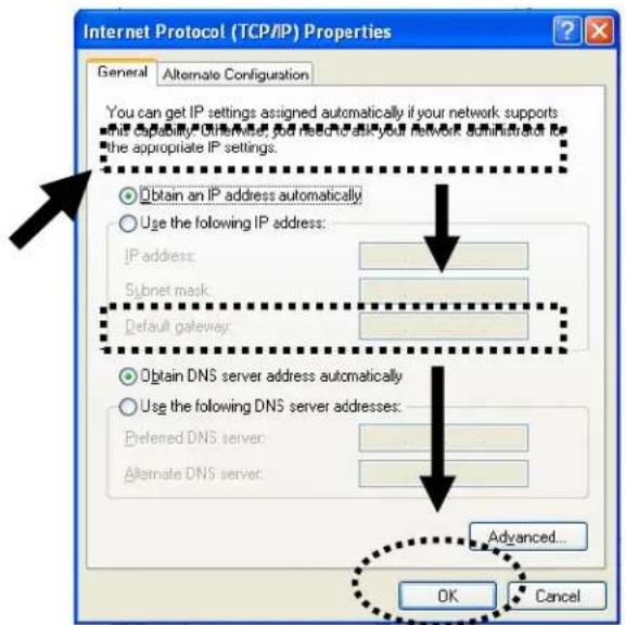 Internet Protocol (TCP/IP) Properties General Alternate Configuration You can get IP settings assigned automatically if your network supports the appropriate IP settings. Obtain an IP address automatically Use the following IP address: IP address: Subnet mask: Default gateway: Obtain DNS server address automatically Use the following DNS server addresses: Preferred DNS server: Alternate DNS server: Advanced... OK Cancel
